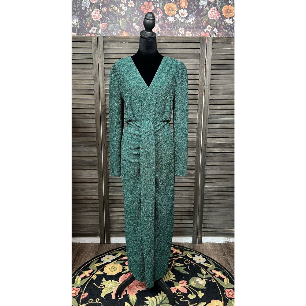 Petal & Pup Drama Queen Hunter Green Metallic Long Sleeve Slit Midi Dress M NWOT - Picture 8 of 9